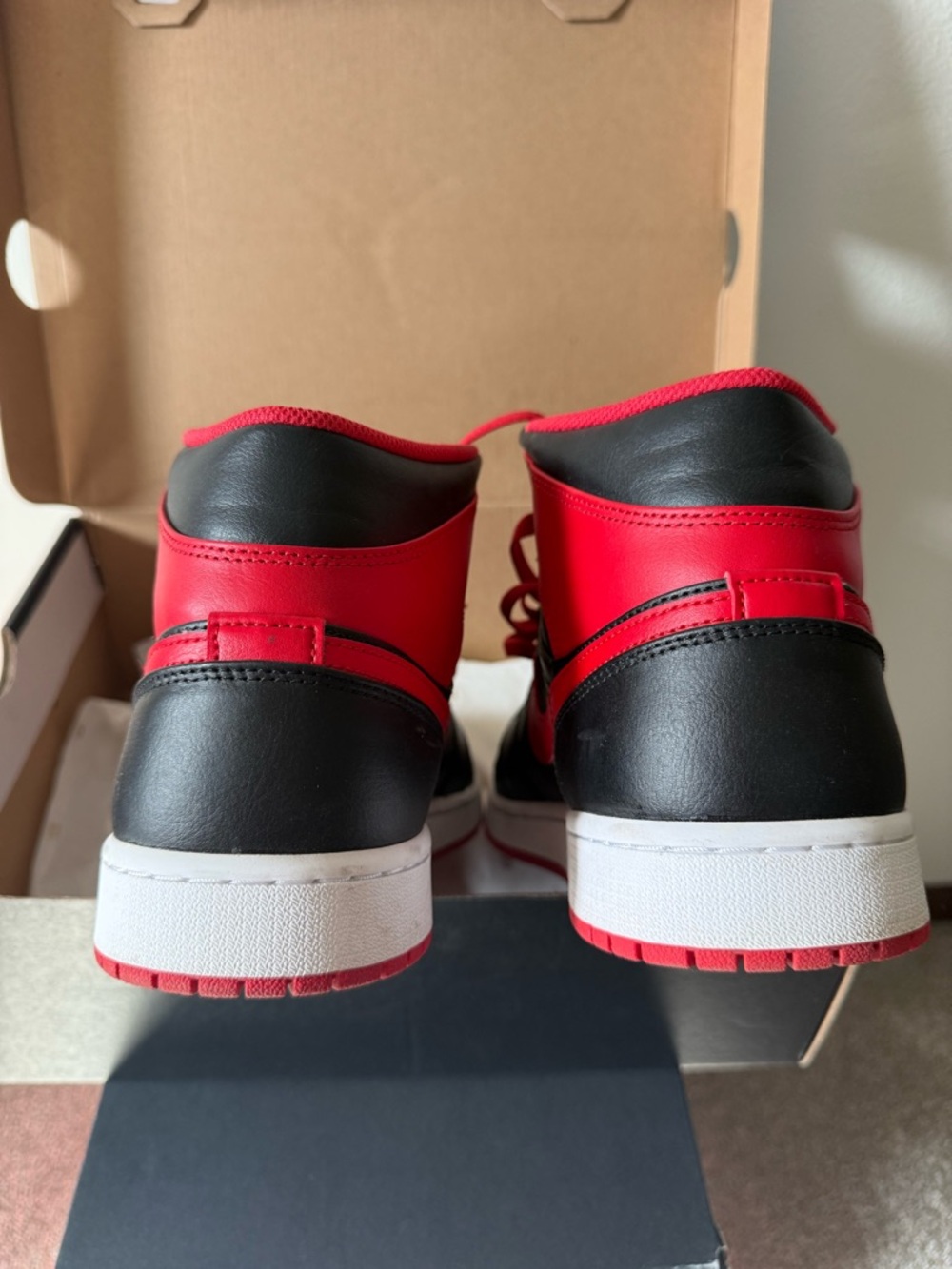 Jordan 1 Mid Nike Men’s Black and Red High-Top Sneakers - Picture 8 of 14
